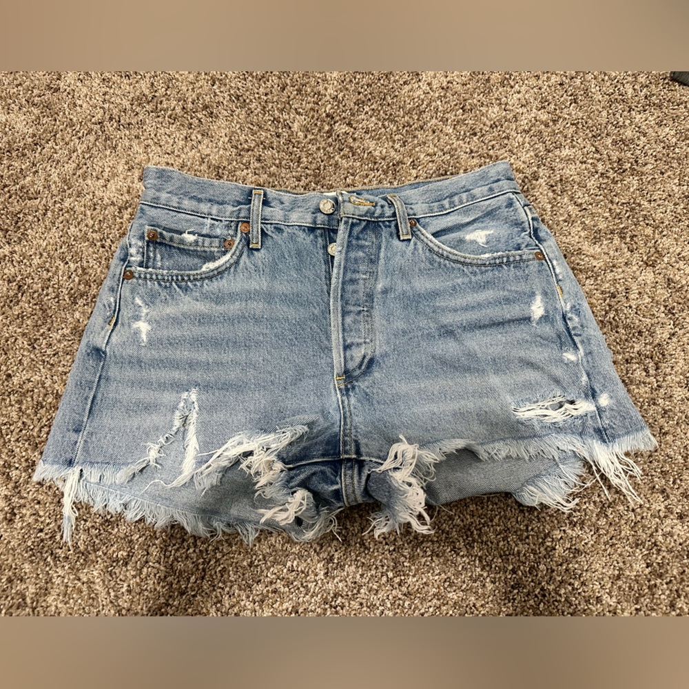 Agolde Light Blue Distressed Jean Shorts